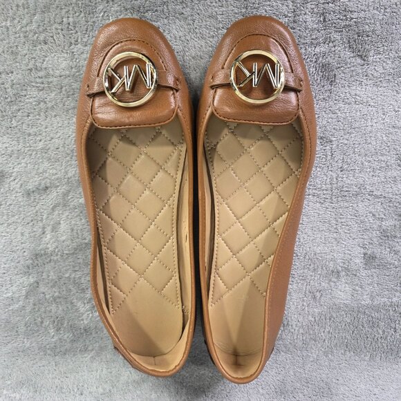 Womens Michael Kors Tan Leather Ballet Flats W/ Gold MK Logo Quilted Insole 9M - Picture 8 of 8